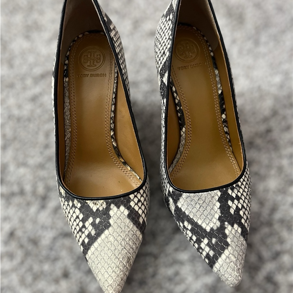 Tory Burch Black and White Snake Print Pumps